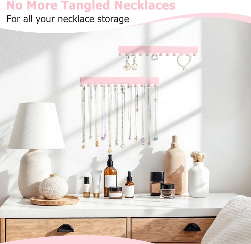 milylove Acrylic Necklace Holder 2 Pack Wall Mounted Necklace Organizer Hanging Jewelry Organizer with 12 Hooks for Necklaces, Bracelets, Rings and Bangles Display Pink - Image 5